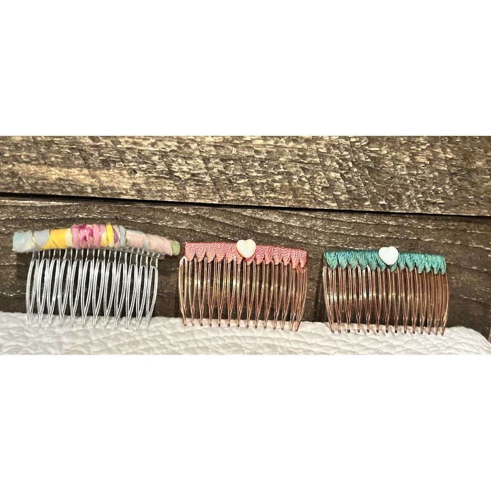 set of 3 vintage hair combs plastic with multi color batik type fabric and wire